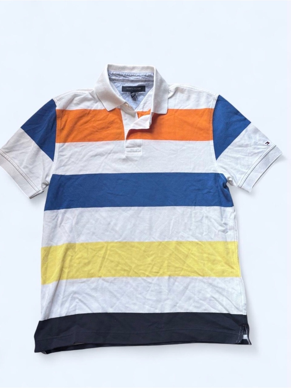 Tommy Hilfiger Men’s White Polo with Blue, Orange, Yellow & Black Stripes